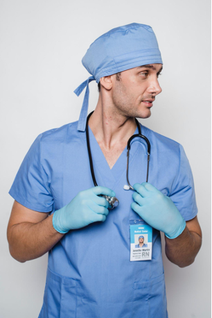 psychology nurse practicioner wearing blue scrubs