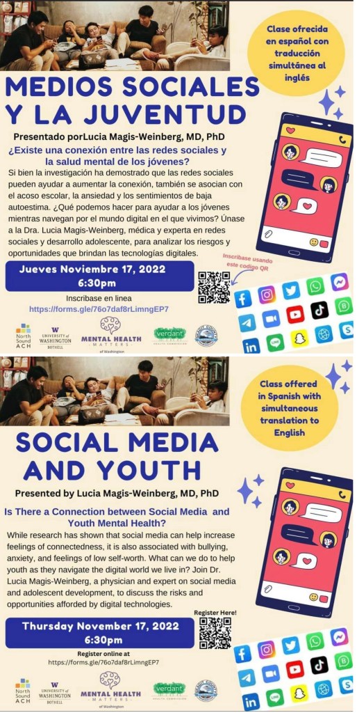 Medios Sociales y la Juventud / Social Media and Youth event flyers by Mental Health Matters Washington. See text version in the event descriptions.
