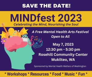 Flyer of MINDfest save the date. A mental health arts festival to be held  on May 7 at the Rose Hill Center in Mukilteo, WA. The flyer shows an illustration of a head with a number of things swirling--music notes, art, flowers. 