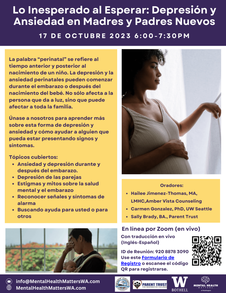 The Unexpected when Expecting – New Parent Depression and Anxiety October 17th 6-7:30 PM Spanish Image Flyer
