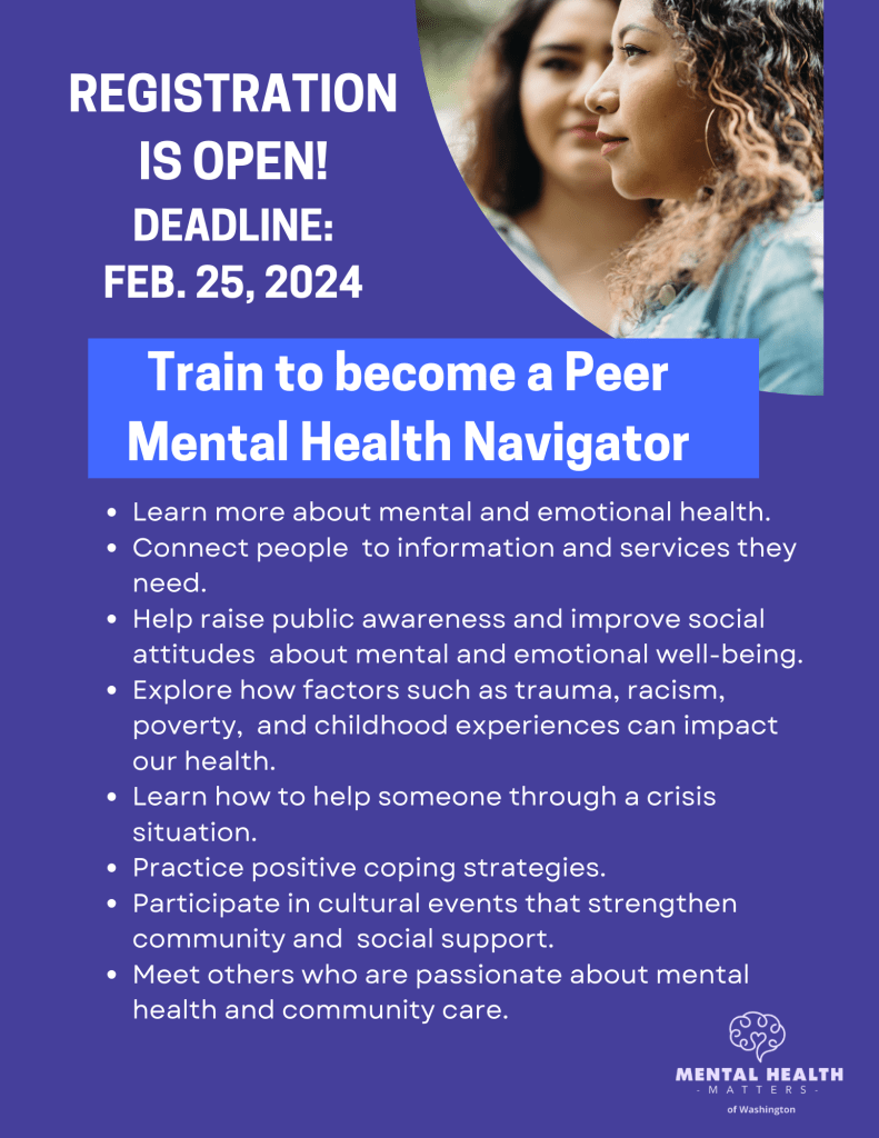 English twenty twenty four Peer Mental Health Navigator flyer front
